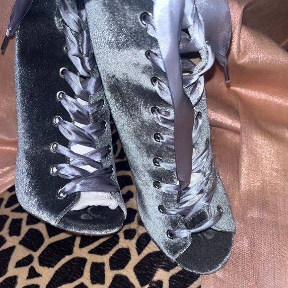 Velvet gray/silver/pewter with a Gray satin ribbon lace up high pump booty. - Picture 10 of 14